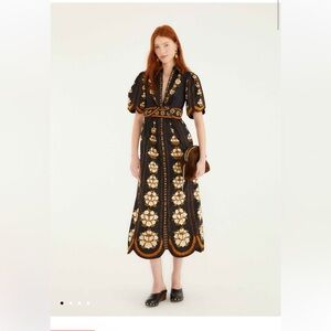 Farm Rio Embroidered Flowers Black Midi Dress